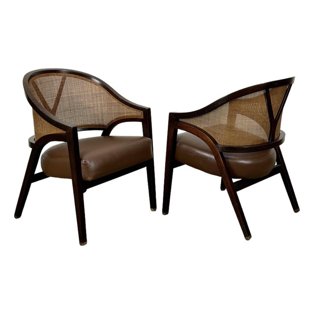Edward Wormley for Dunbar Y Back Captains Chairs - Mid Century Rosewood + Leather + Cane For Sale