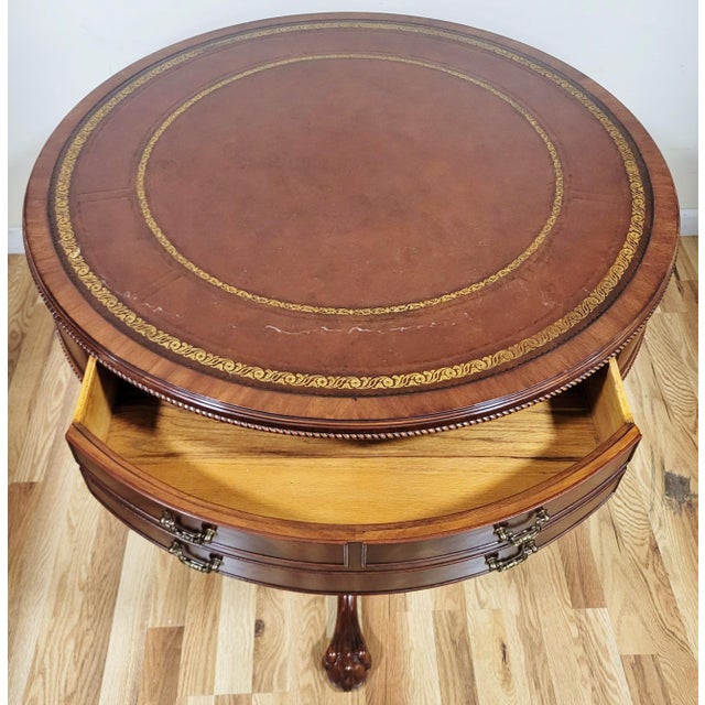 Vintage American Mahogany Gilt Tooled Leather Top Drum Table by Weiman Heirloom For Sale - Image 9 of 15