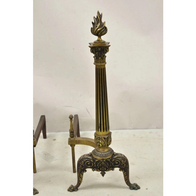 Antique French Empire Style Bronze Column Flame Finial Fireplace Andirons - Pair For Sale In Philadelphia - Image 6 of 11
