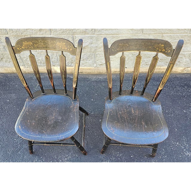 American Pair of 19th Century Early American Ebonized and Decorated Side Chairs For Sale - Image 3 of 7