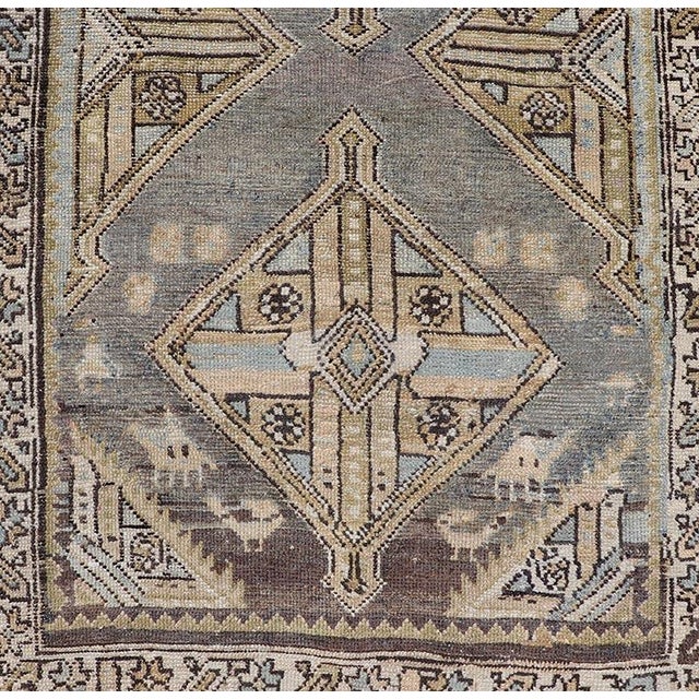 Early 20th Century Antique Persian Kurdish Runner With Medallion in Charcoal, Blue, and Acid Green For Sale - Image 5 of 12