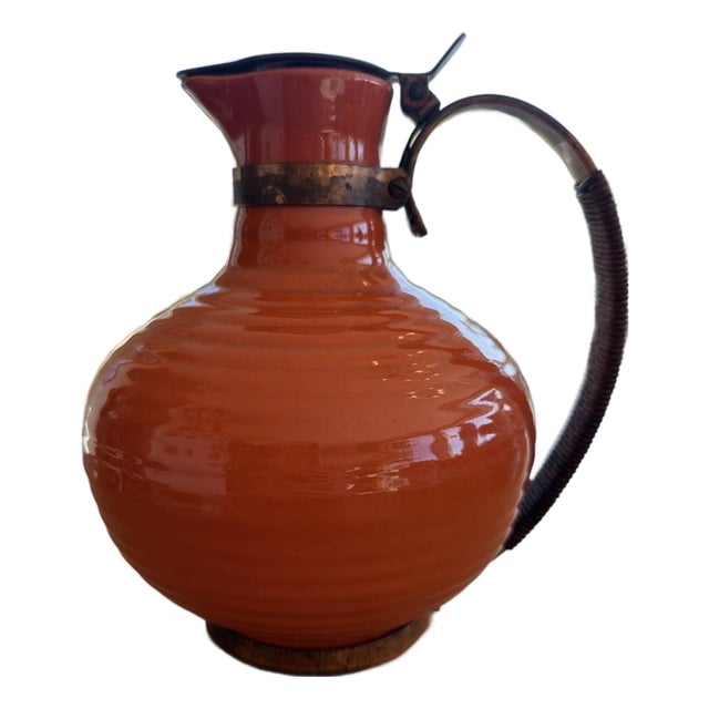 Vintage Bauer Pottery Ringware Pitcher w Metal Lid Handle 9" Los Angeles For Sale