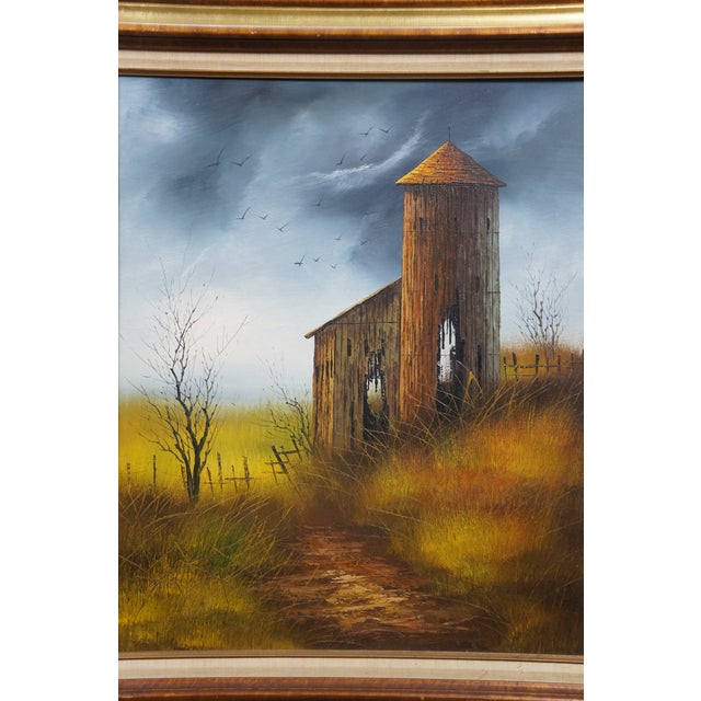 Gold Late 20th Century Everett Woodson Rustic Barn Farm Silo Landscape Oil Painting 31" For Sale - Image 8 of 11