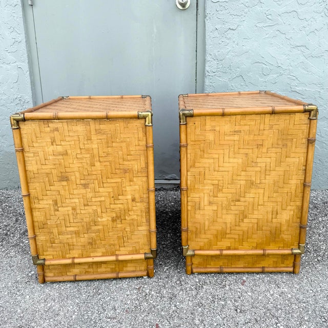 Wood Boho Chic Herringbone Wicker Faux Bamboo Nightstands/Commodes by Dixie - A Pair For Sale - Image 7 of 9