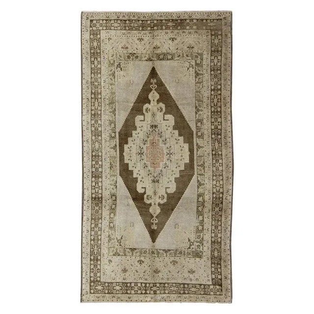 Tan Vintage Turkish Oushak Rug With Medallion Design in Soft Taupe, and Sage Green For Sale - Image 8 of 8