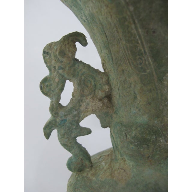 Chinese Archaic Bronze Ware Fengshui Ritual Vessel Hu Vase With Dragon Handles For Sale - Image 14 of 14
