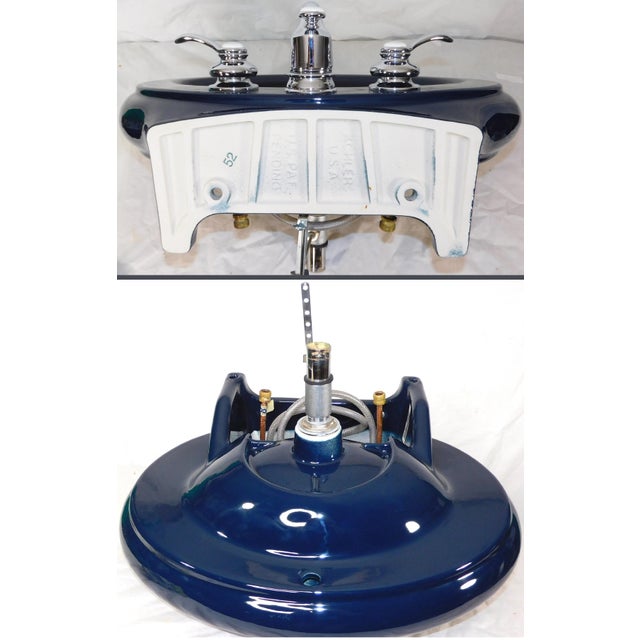 1999 Vintage Kohler Revival Dark Navy Blue Vitreous China Pedestal Sink With Kohler Faucet For Sale - Image 12 of 18