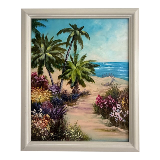 Vintage Signed M. Bryson Tropical Beach Palm Tree Landscape Painting, Framed For Sale