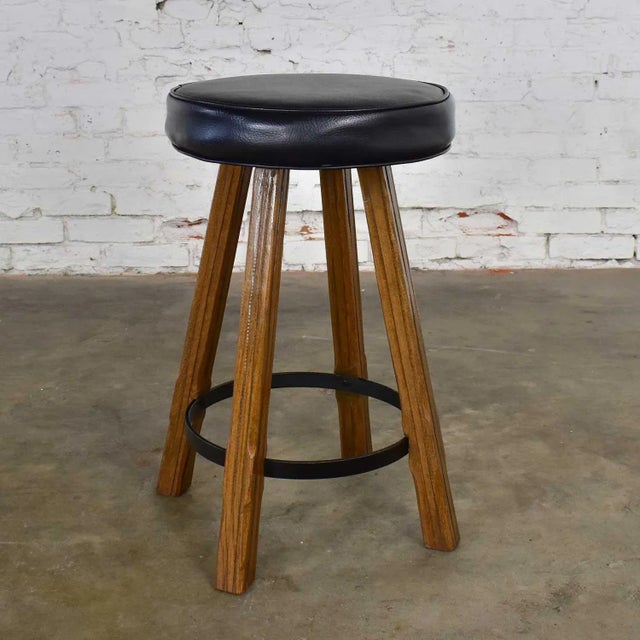 Mid 20th Century Bar Stool Acorn Brown Finish and Black-Brown Vinyl Faux Leather Seat Attributed to Brandt Ranch Oak For Sale - Image 12 of 12