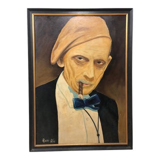 Large Vintage Mid-Century Modern Framed Oil Male Portrait on Board , Signed For Sale