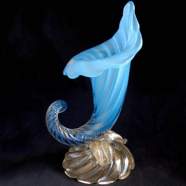 Mid-Century Modern Vintage Murano Seguso Blue Opalescent Gold Flecks Italian Art Glass Mid Century Sculptural Flower Vase For Sale - Image 3 of 12