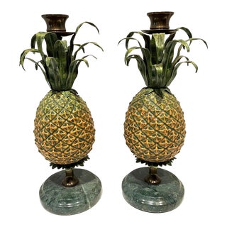 11" Vintage Petites Choses Large Pineapple Tole Brass Candle Holders Regency- a Pair For Sale