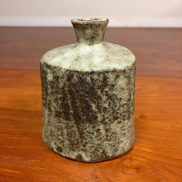Vintage Brutalist Studio Pottery Triangular Bottle Vase With Textured Ash Glaze For Sale In Seattle - Image 6 of 11