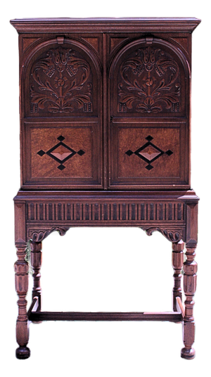 1920s Berkey & Gay Jacobean Revival Carved Walnut Lift-Top Bar Cabinet