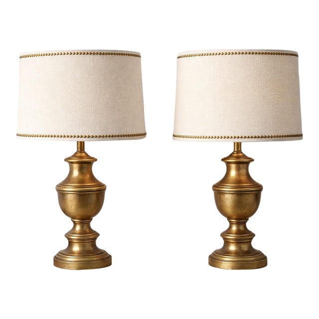 Vintage Solid Brass Table Lamps With Nailhead Linen Shades - a Pair For Sale