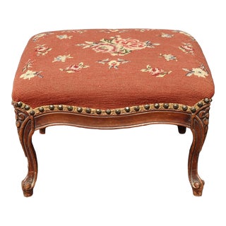 Vintage French Provincial Burnt Orange Floral Tapestry Footstool For Sale