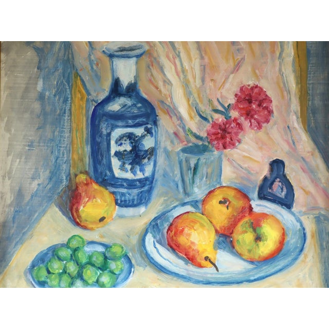 Blue Mid-Century Modern 'Fruit & Vase on a Table' Original Swedish Vibrant Still Life Oil Painting, Framed For Sale - Image 8 of 11