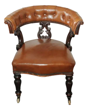 Tan Leather & Mahogany Button Back Library Chair on Porcelain Castors