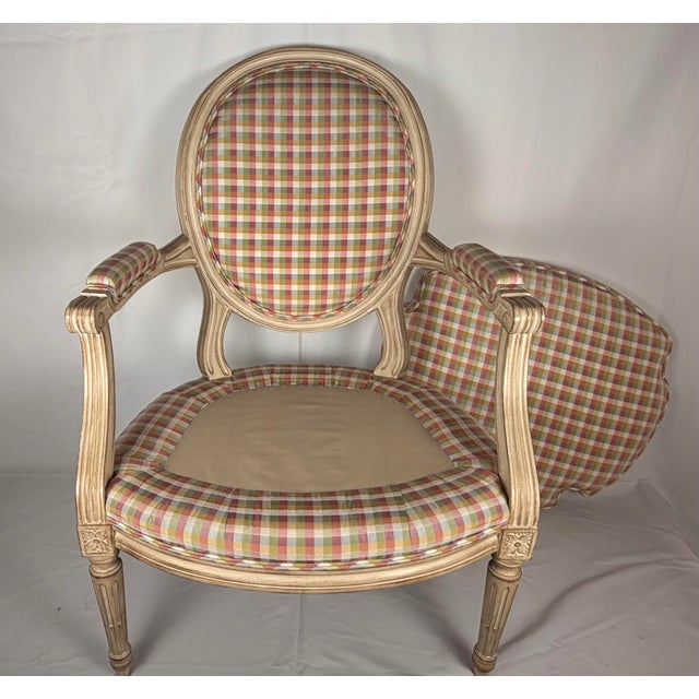 Late 20th Century Late 20th Century Louis XVI Style Creme Painted Upholsterer Fauteuil Armchair For Sale - Image 5 of 11