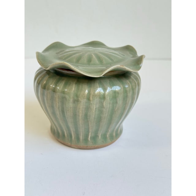 1990s Modern Longquan-Style Celadon Glazed Covered Jar With Lotus Lid For Sale - Image 5 of 8
