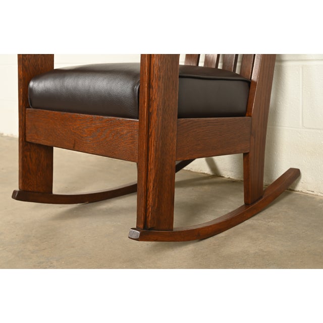 Charles Stickley Antique Mission Oak Arts & Crafts Cutout Rocking Chair, Newly Restored For Sale - Image 10 of 13
