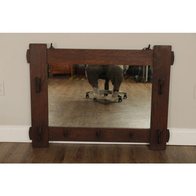 Mission Stickley Brothers Antique Mission Oak Wall Mirror With Hooks No. 7577 For Sale - Image 3 of 18