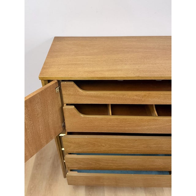 Mid Century Tallboy Dresser MCM Five Drawer Brass Accent Warm Gray Tone Wood For Sale - Image 14 of 14