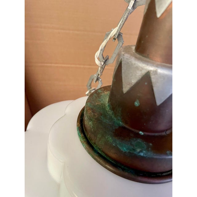 Early 20th Century Art Deco White Milk Glass Skyscraper Star Hanging Pendant Light Fixture For Sale - Image 11 of 11