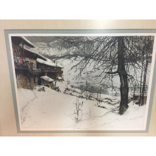 Wonderful Luigi Kasimir Etching of Cortina in the Alps. In excellent condition. Beautifully framed and matted. Circa 1940....