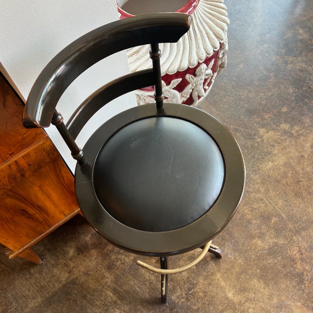 1990s Vintage Italian Black Leather Seat Barstool With Wood and Brass Accent for the Footrest and Low Back For Sale - Image 10 of 13