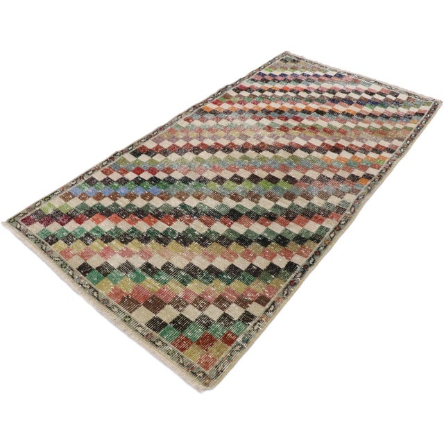 Distressed Vintage Turkish Sivas Rug with Rustic Cubist Style 02'10 x 05'07. This hand-knotted wool distressed vintage...