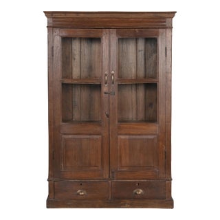 Antique Indian Glass Armoire With Drawers | Rustic Display Cabinet | Vintage Teak Wood Cabinet | Wabi Sabi Decor For Sale