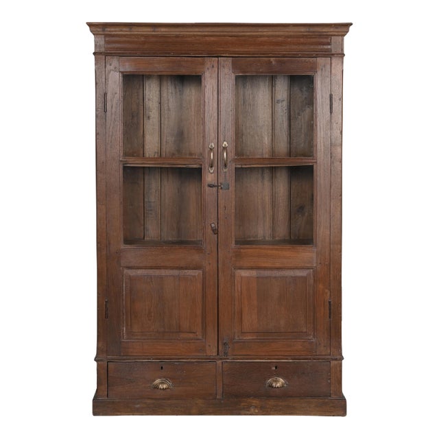 Antique Indian Glass Armoire With Drawers | Rustic Display Cabinet | Vintage Teak Wood Cabinet | Wabi Sabi Decor For Sale
