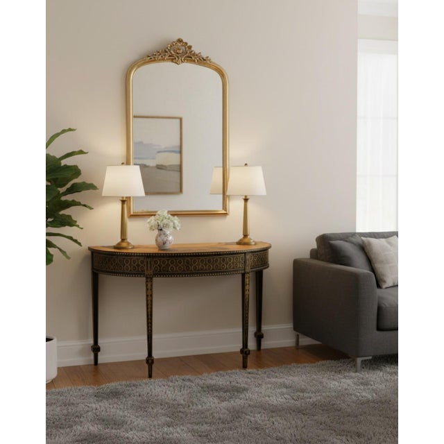 Wood 1980s Neoclassical Hand-Painted Ebonized & Gilt Demilune Console Table For Sale - Image 7 of 8