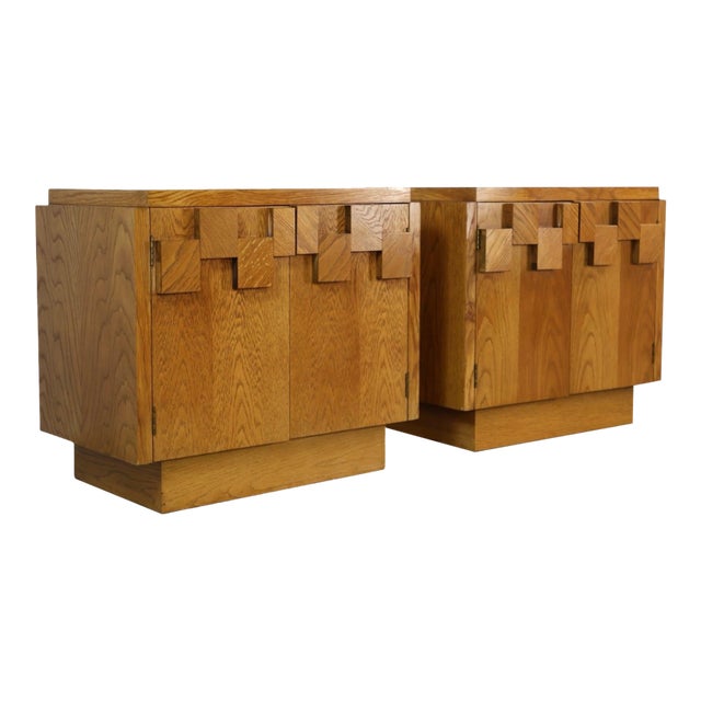 Lane Staccato Vintage Mid Century Modern Brutalist White Oak Pair of Nightstands C. 1970s, Attributed For Sale