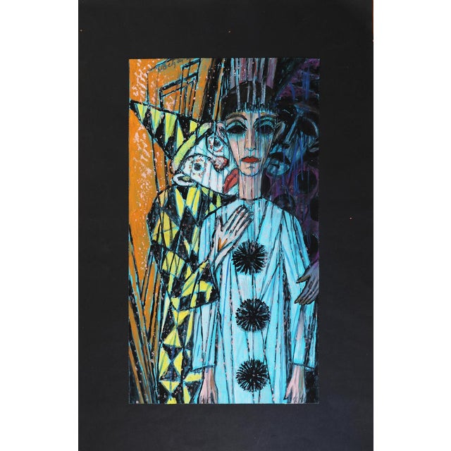 Emil Betzler German expressionist tempera on paper on ingrain 'Harlequins 2', the 1960s Outstanding piece of expressionist...