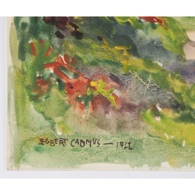 Watercolor on paper by Egbert Cadmus (American, 1868-1939) New England country road and farmhouse landscape painting. An...