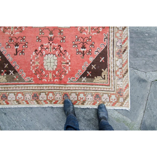 Salmon 1930s Vintage Khotan Tribal Distressed Handwoven Salmon Wool Hand-Knotted Rug - 4'5" X 7'7" For Sale - Image 8 of 8
