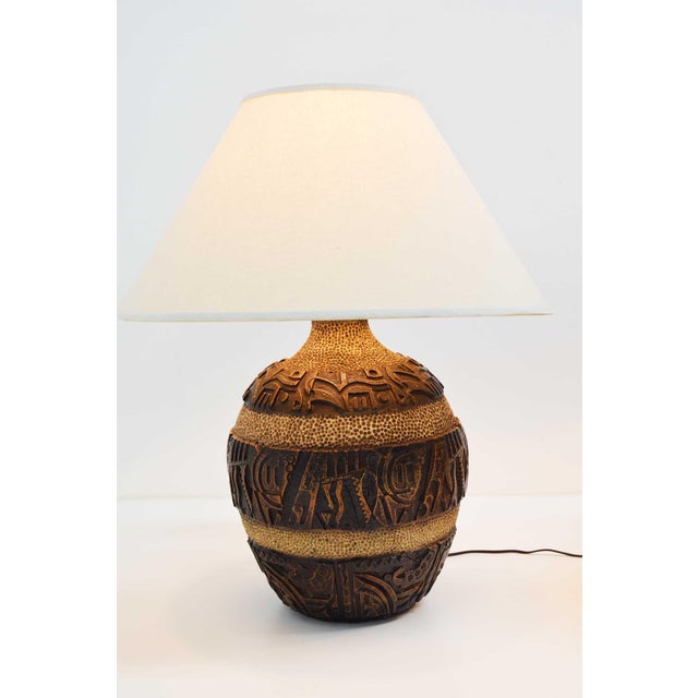 1970s 1970s Mid Century Modern Brutalist Style Bulbous Ceramic Table Lamps in Bronze - a Pair For Sale - Image 5 of 9