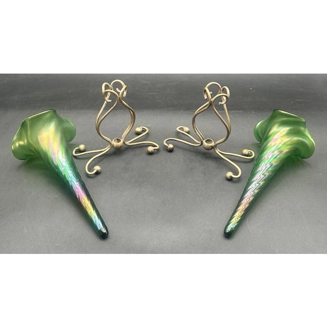 Green Antique Victorian Glass Epergne Trumpet Horn Vase Green Opaline Metal Base Pair For Sale - Image 8 of 17