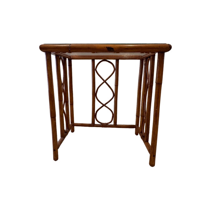 Vintage Burnt Bamboo Rattan Nesting Tables With Glass Tops, Set of 3, C. 1970s For Sale - Image 10 of 17