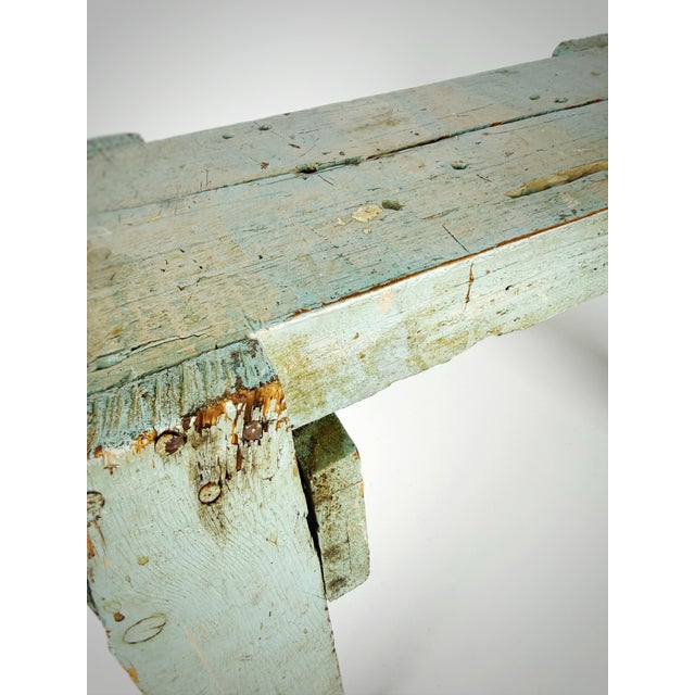 Early 20th Century Primitive Blue Painted Wooden Stool | Antique Farmhouse Riser | Rustic Chippy Paint Footstool For Sale - Image 5 of 12
