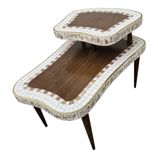 1950s Atomic Floating End Table Tile Top Mid Century Step Side Table Tiki For Sale