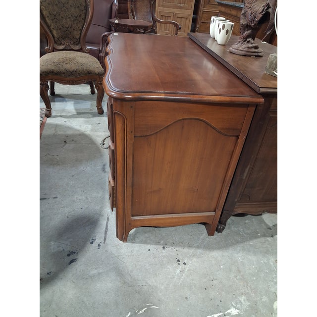 French Provincial Vintage French Provincial Bombe Commode With Ornate Brass Hardware For Sale - Image 3 of 8
