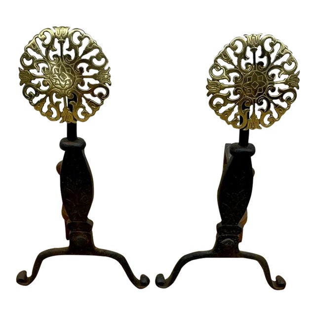 French Sunburst Style Iron and Brass Andirons - a Pair For Sale