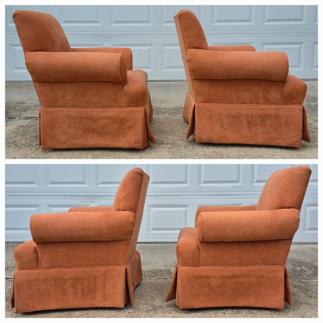 Vintage Square Back Rust Orange Upholstered Skirted Roll Arm Lounge Chairs - A Pair For Sale - Image 11 of 17