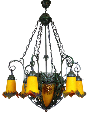 Art Deco Wrought Iron Pate de Verre Glass Chandelier, France, 1990s