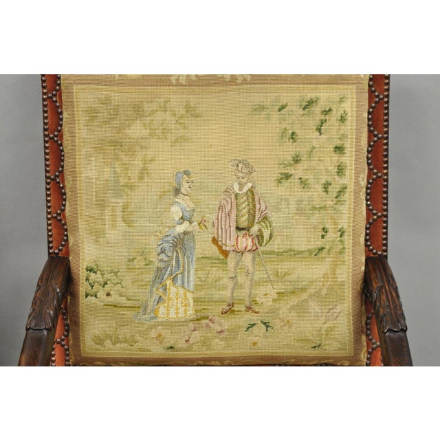 Antique French Louis XIV Style Needlepoint Tapestry Carved Walnut Arm Chair Pair For Sale - Image 10 of 18
