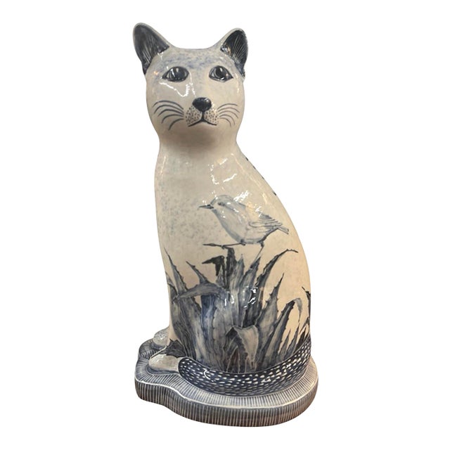 Vintage African Hand-Painted Blue and White Ceramic Cat Figurine For Sale