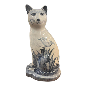 Vintage African Hand-Painted Blue and White Ceramic Cat Figurine